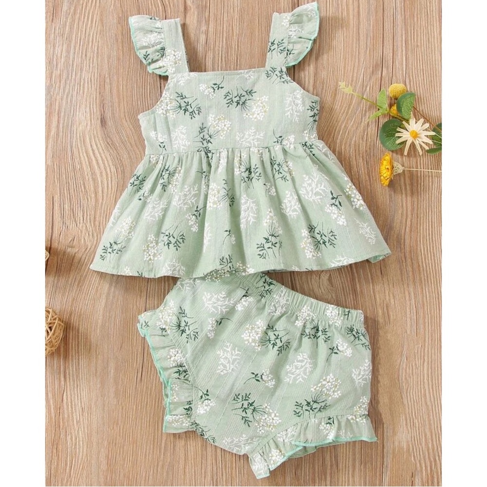 Plant Print Ruffle Trim Peplum Top & Shorts